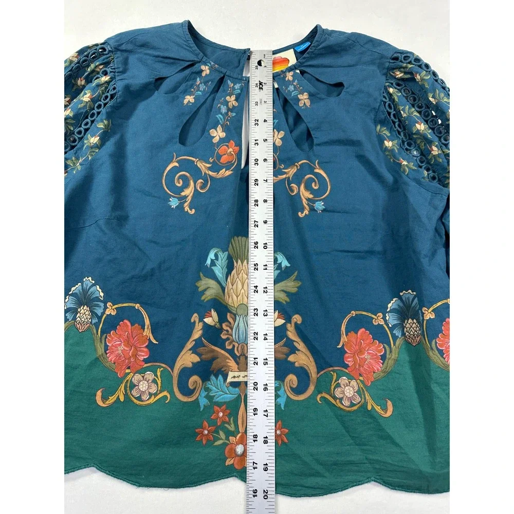 Farm Rio Cutout Blouse M Teal Blue Cutout Boho Peasant Anthropologie Romantic